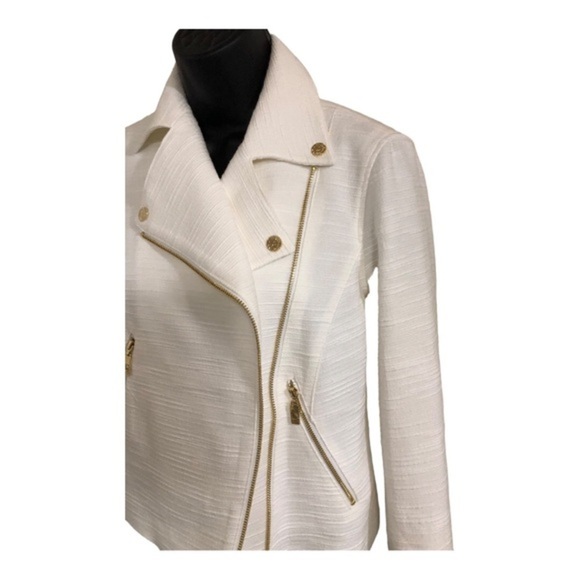 Anne Klein ecru boucle lookโ gold zippered moto jacket blazer size large new - Picture 9 of 17